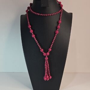 Vintage Crushed-Rose Petal Dark-Pink Bead Necklace Tassel Flapper Victorian
